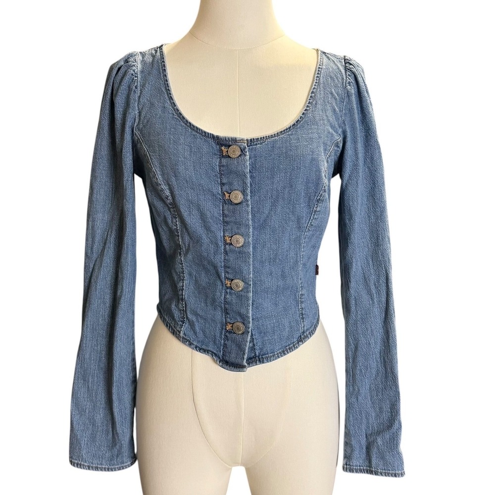 Levi's Button Front Corset Denim Top Blue XS Puff Sleeve Y2K Cottagecore